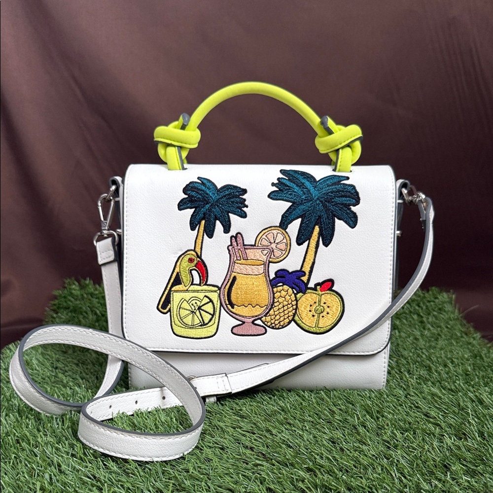 Zara White Crossbody Faux Leather Purse with Embroidered Tropical Design